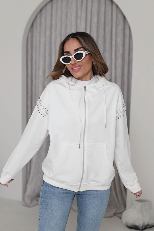 5294 Fermuarlı Kolları Taşlı Kapşonlu Sweatshirt EKRU