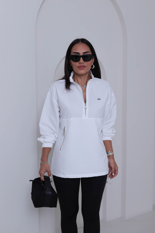 2120 Yazı Baskılı Rahat Paraşüt Sweatshirt BEYAZ
