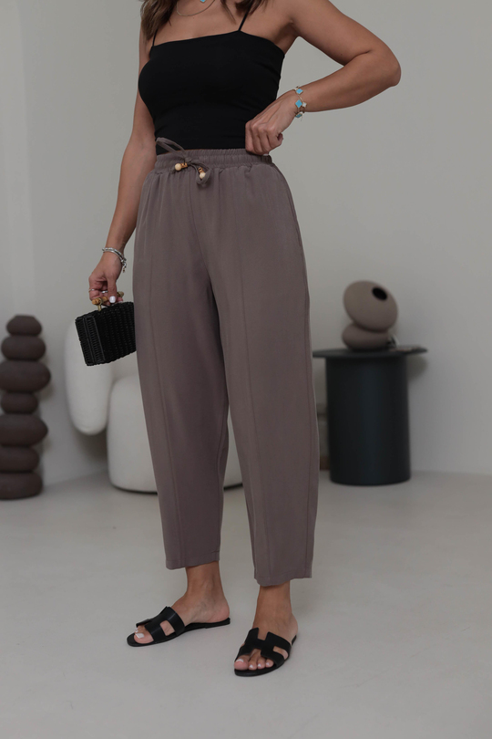 6703 Bel Lastikli Tencel Dokulu Boncuklu Pantolon KAHVE