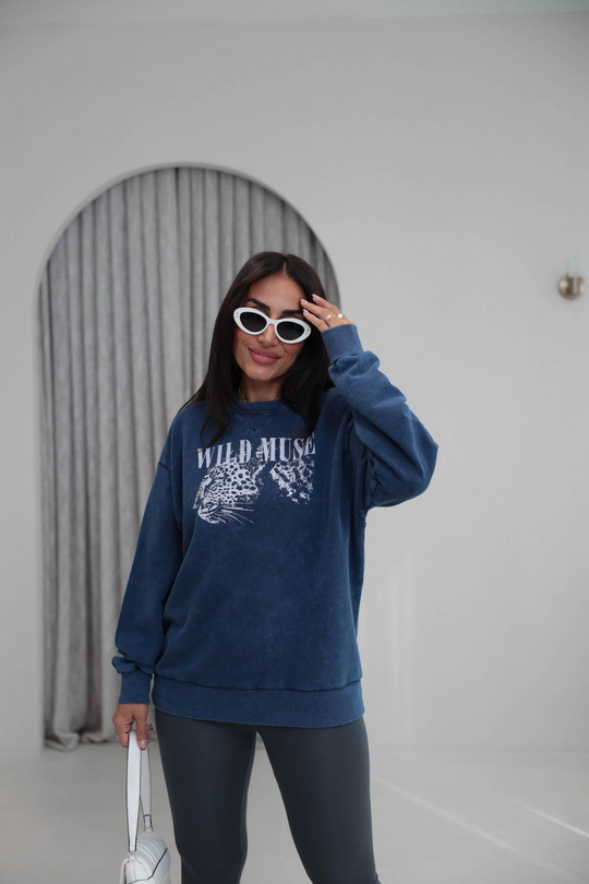 9106 Kaplan Baskılı Ribanalı İki İplik Sweatshirt LACİVERT