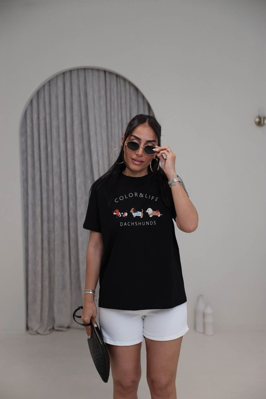 Tasarım Köpek Nakışlı Pamuklu Tshirt SİYAH