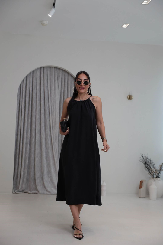 1106C İpli Halter Yaka Cepli Tencel Elbise SİYAH