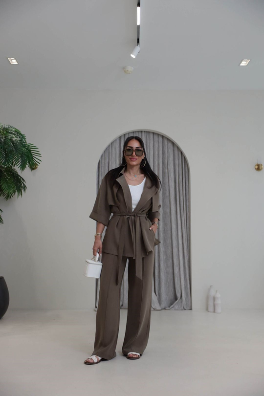 7309 Tencel Kumaş Yarım Kol Gömlek Pantolon Takım HAKİ YEŞİL