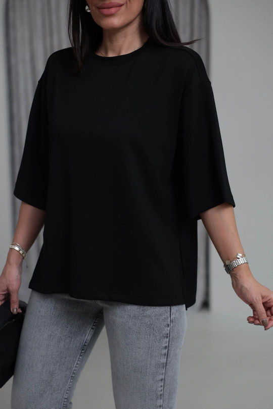1066 Yanları Yırtmaçlı Bisiklet Yaka Modal Tshirt SİYAH