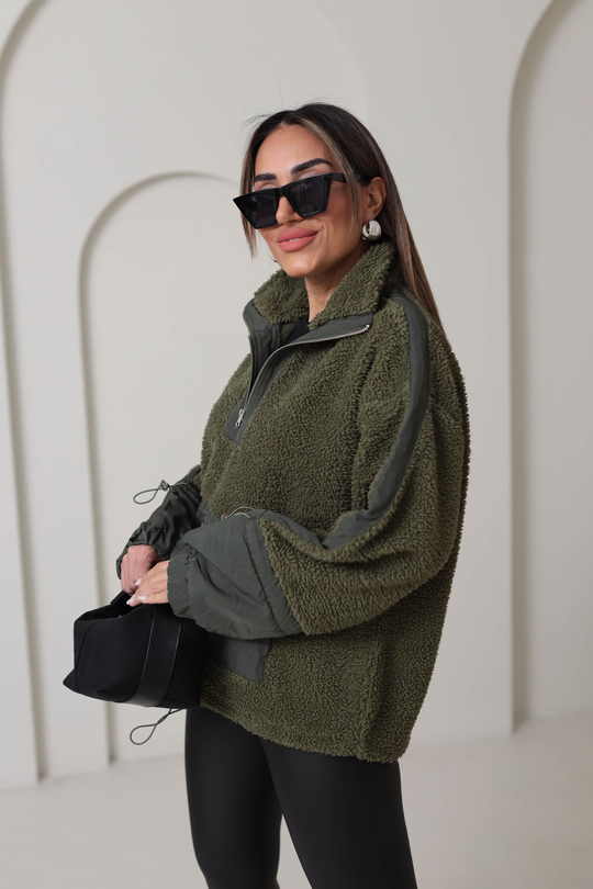 Yarım Fermuarlı Paraşüt Kumaş Detaylı Sweatshirt HAKİ YEŞİL