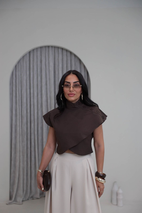 3267 Poplin Omzu Düğmeli Crop Bluz KAHVE