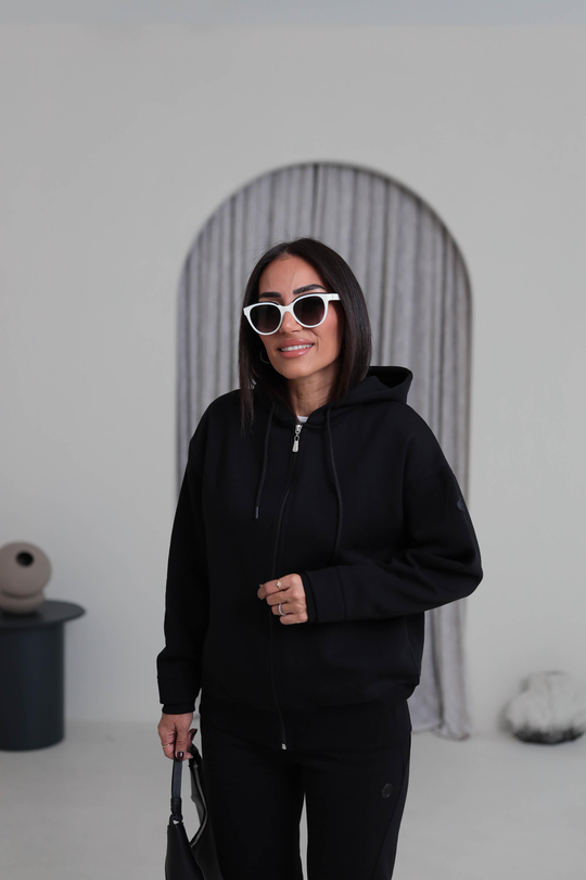 7316 Kapşonlu Fermuarlı Şardonlu Sweatshirt SİYAH
