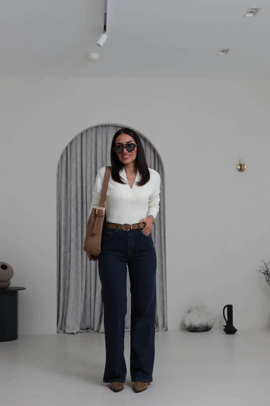 D-881 Yüksek Bel Kemerli Wide Leg Jean KOYU MAVİ
