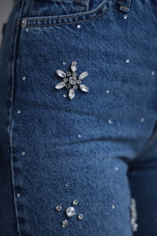 1015 Motif Taşlı Bol Kalıp Jean Pantolon MAVİ