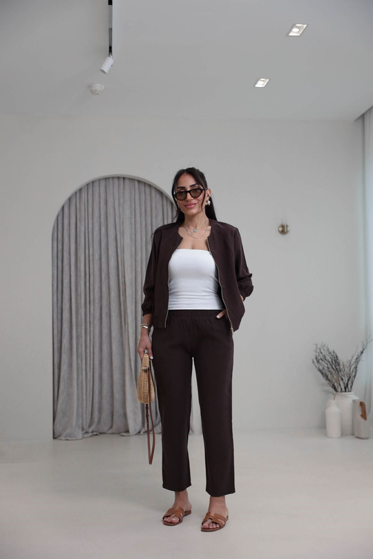 7132 Fermuarlı Tok Tencel Ceket Pantolon Takım KAHVE