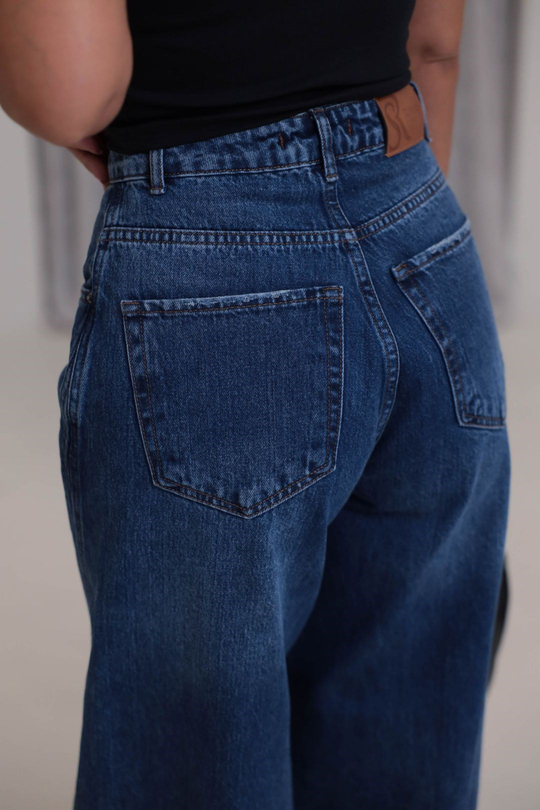 1067 Yanları Dikiş Detaylı Wide Leg Denim Pantolon KOYU MAVİ