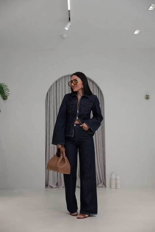 0966 Çift Yön Fermuarlı Denim Ceket Pantolon Takım LACİVERT