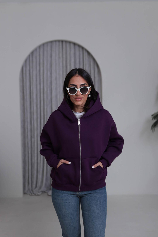 0822 Kapüşonlu Fermuarlı Şardonlu Sweatshirt MOR