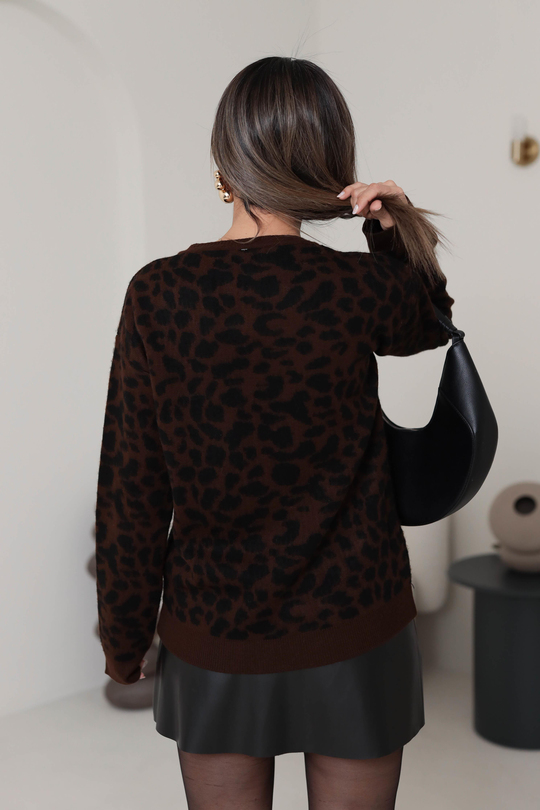 5216 Bisiklet Yaka Leopar Desen Triko KAHVE