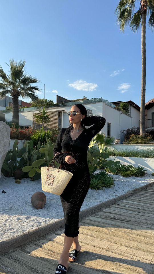5246 Ajurlu V Yaka Beach Elbise SİYAH