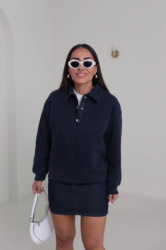 0178 Denim Yaka Tasarım Sweatshirt LACİVERT