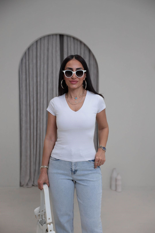 7548 V Yaka Basic Karol Tshirt BEYAZ