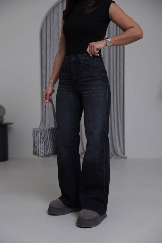 Yüksek Bel Wide Leg Jean YIKAMALI SİYAH