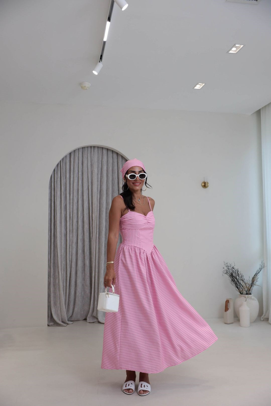 4058 Çizgili Bandana Detaylı Elbise PEMBE