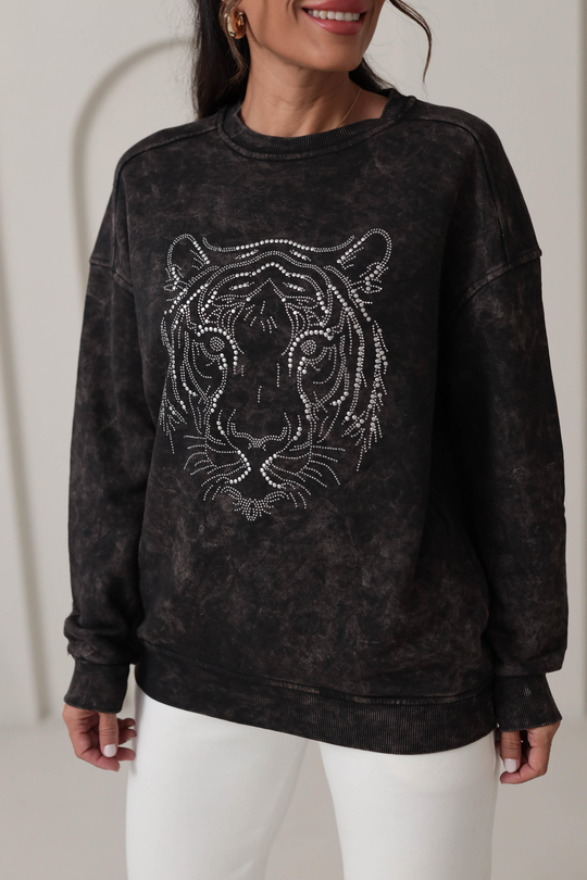 5536 Kaplan Figürlü Taş İşlemeli Sweatshirt ANTRASİT