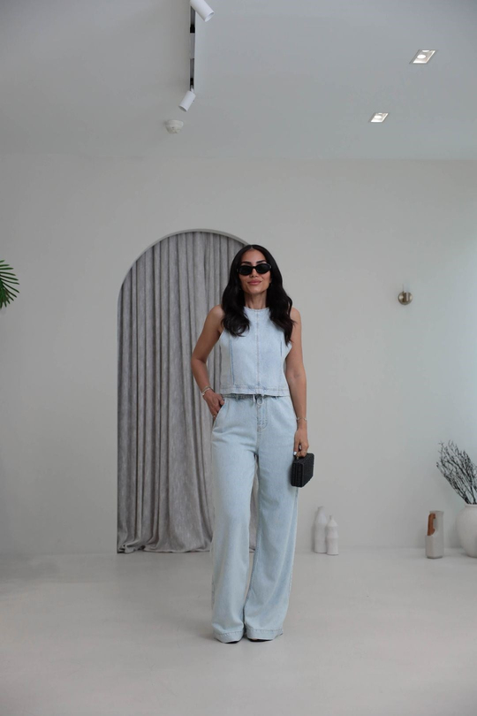 8289 Sıfır Kol Arkası Fermuarlı Tencel Kot Pantolon Bluz Takım BUZ MAVİ