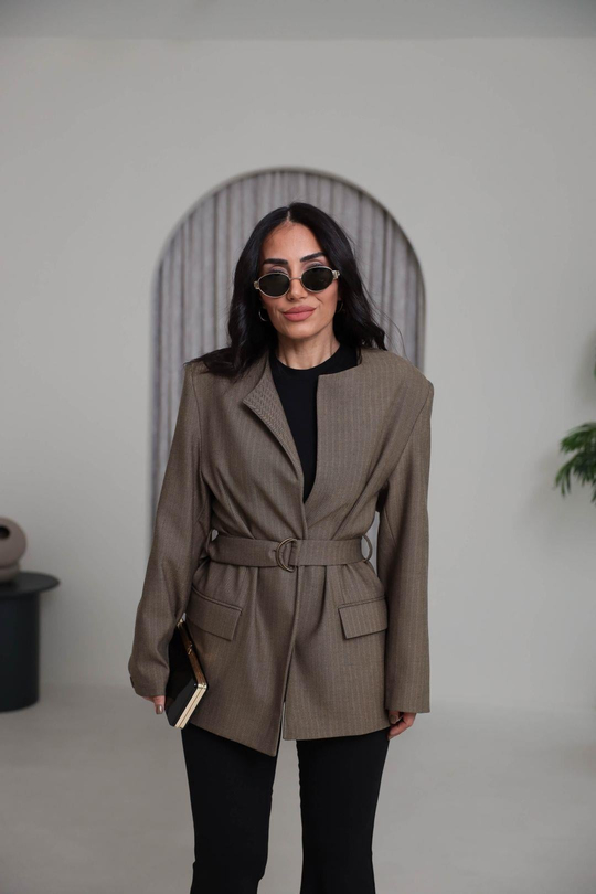 1284 Vatkalı Kemerli Balıksırtı Blazer Ceket CAMEL