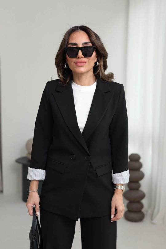 8644 Kol Katlamalı Çizgili Astarlı Premium Blazer Ceket SİYAH