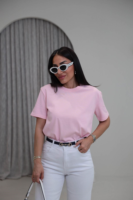 0312 Dekoratif Dikişli Pamuklu Tshirt PEMBE