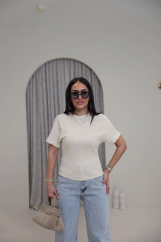 2322 Reglan Kol Yandan Fermuarlı Pamuklu Tshirt BEJ