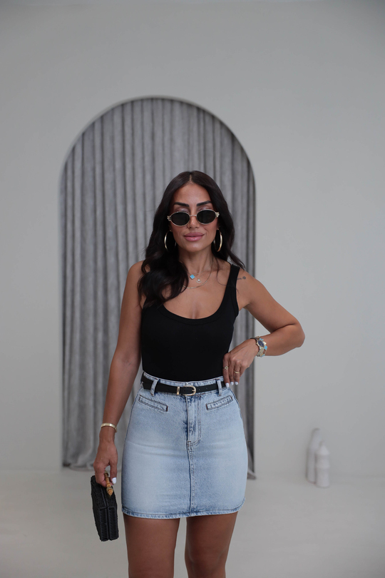 202 Ön Cep Detaylı Kemerli Mini Denim Etek BUZ MAVİ
