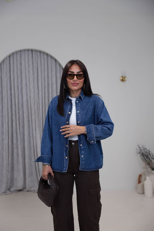 1181 Sırtı Çapraz Bağcık Detaylı Denim Gömlek Ceket KOYU MAVİ