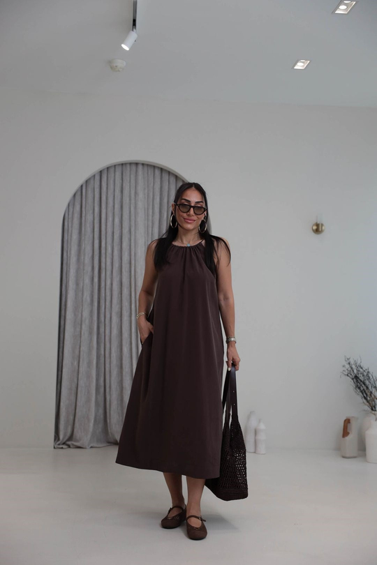 1106C İpli Halter Yaka Cepli Tencel Elbise KAHVE