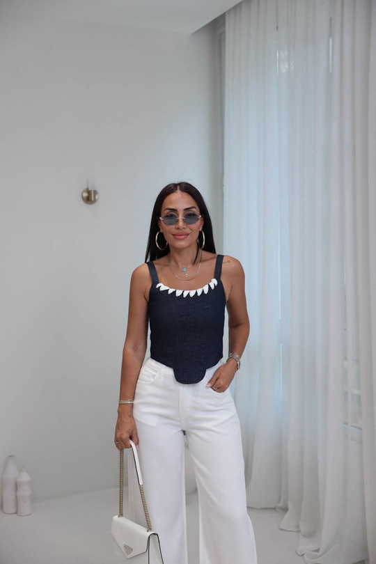 8542 Kuş Gözü Garnili korse Crop LACİVERT