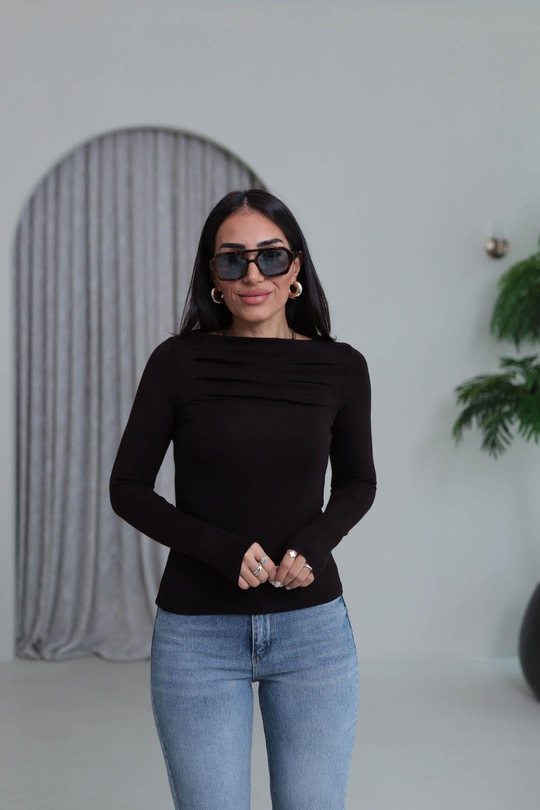 6504 Önü Pileli Viskon Bluz KAHVE