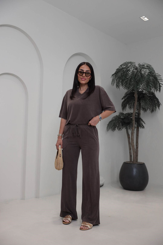 7342 Yırtmaçlı V Yaka Modal Tshirt & Çimalı Pantolon Takım KAHVE