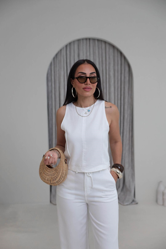 8289 Sıfır Kol Arkası Fermuarlı Tencel Kot Pantolon Bluz Takım BEYAZ