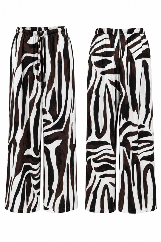 9177 Zebra Desen Saten Kumaş Bel Lastikli Pantolon SİYAHBEYAZ