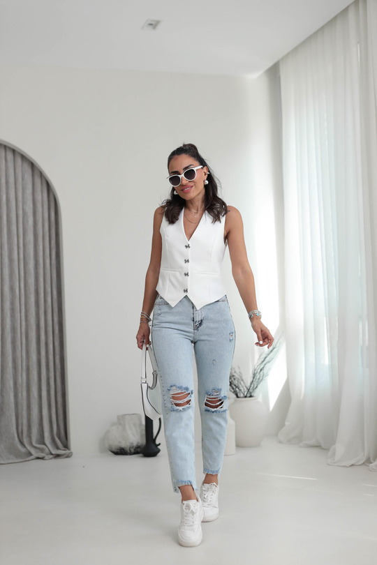 1001 Yırtık Detaylı Mom Jean BUZ MAVİ