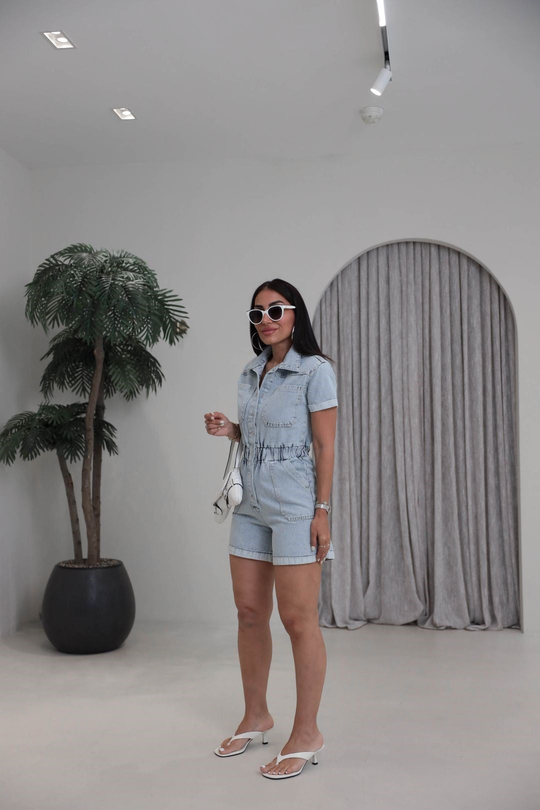 4024y Lastik Detaylı Salopet Tulum BUZ MAVİ