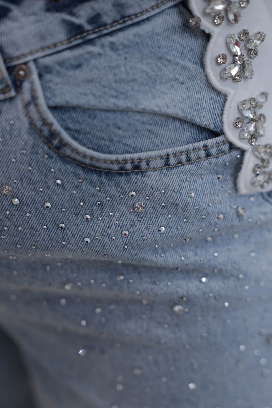 1071 Serpme Taş Detaylı Yüksek Bel Denim Pantolon BUZ MAVİ