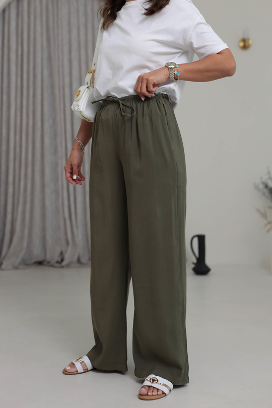 8002 Beli Lastikli Bağcıklı Tencel Pantolon HAKİ YEŞİL