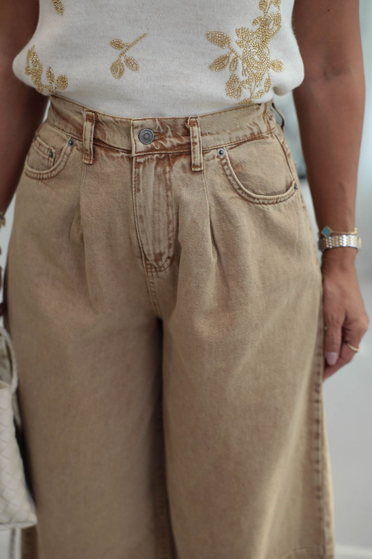0107 Bel Lastikli Yüksek Bel Rahat Kesim Denim Pantolon CAMEL