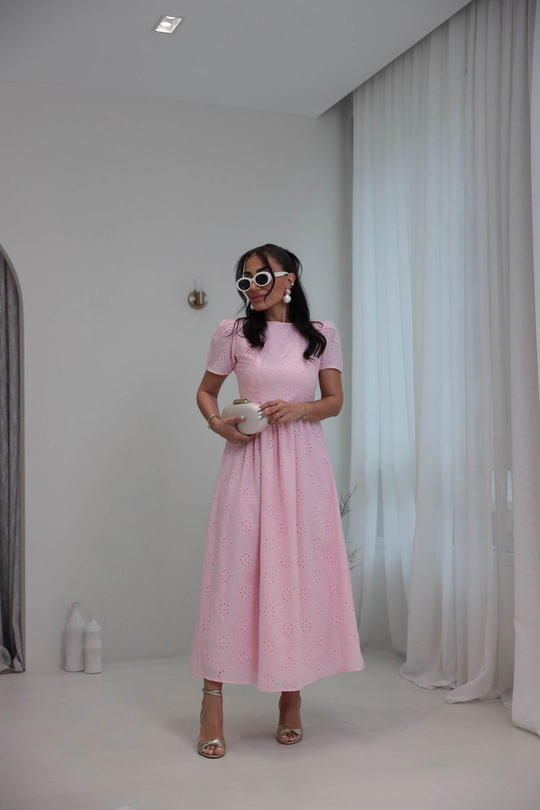 7139 Fisto Kumaş Astarlı Uzun Elbise PEMBE