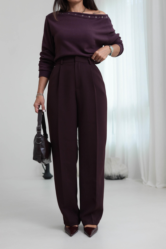 1024 Pile Detaylı Kumaş Pantolon MÜRDÜM
