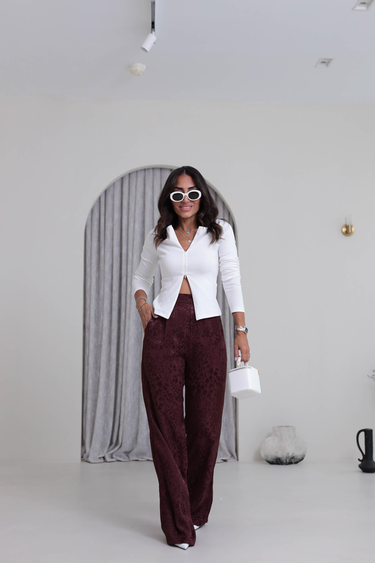 0338 Leopar Desen Saten Pantolon BORDO