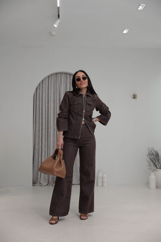 0966 Çift Yön Fermuarlı Denim Ceket Pantolon Takım KAHVE