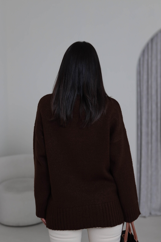 0100 Bisiklet Yaka Oversize Düz Kazak KAHVE