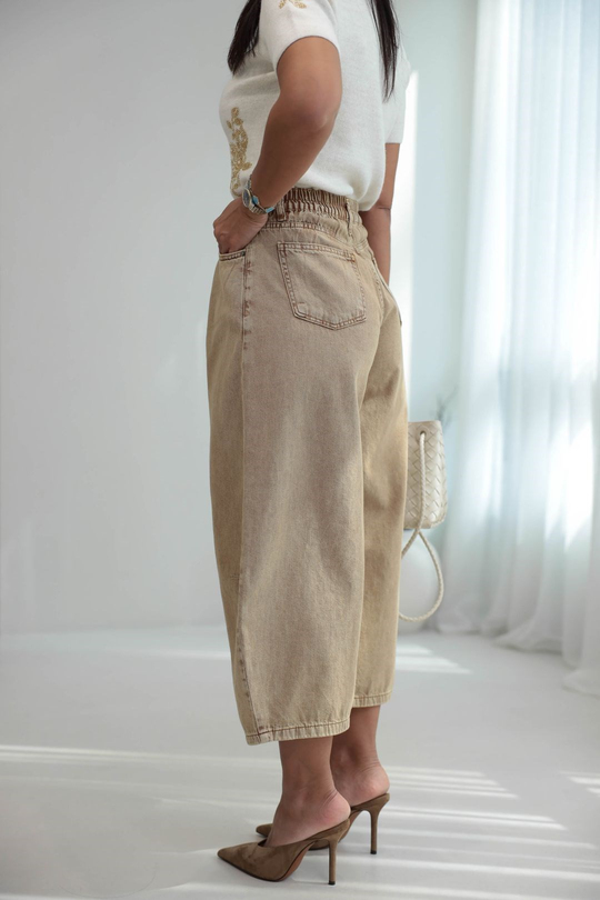 0107 Bel Lastikli Yüksek Bel Rahat Kesim Denim Pantolon CAMEL