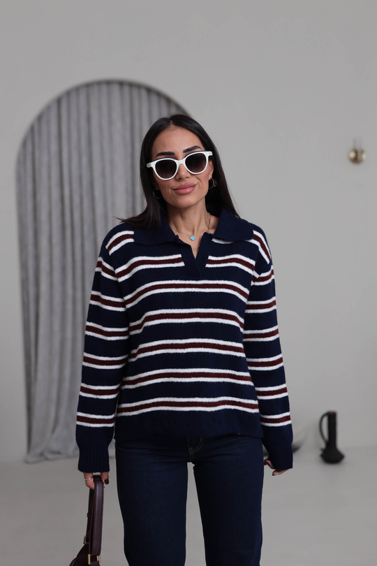 2541 Polo Yaka Çizgili Triko Kazak LACİVERT