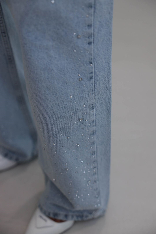 1071 Serpme Taş Detaylı Yüksek Bel Denim Pantolon BUZ MAVİ